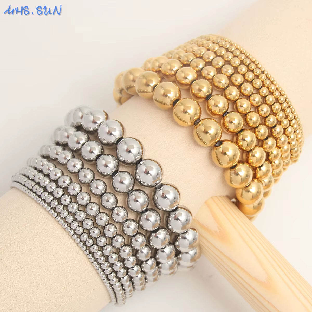 Bracelets Stainless Steel Gold Sliver Color Stacked Ball Beaded Bracelet for Women Men Jewelry